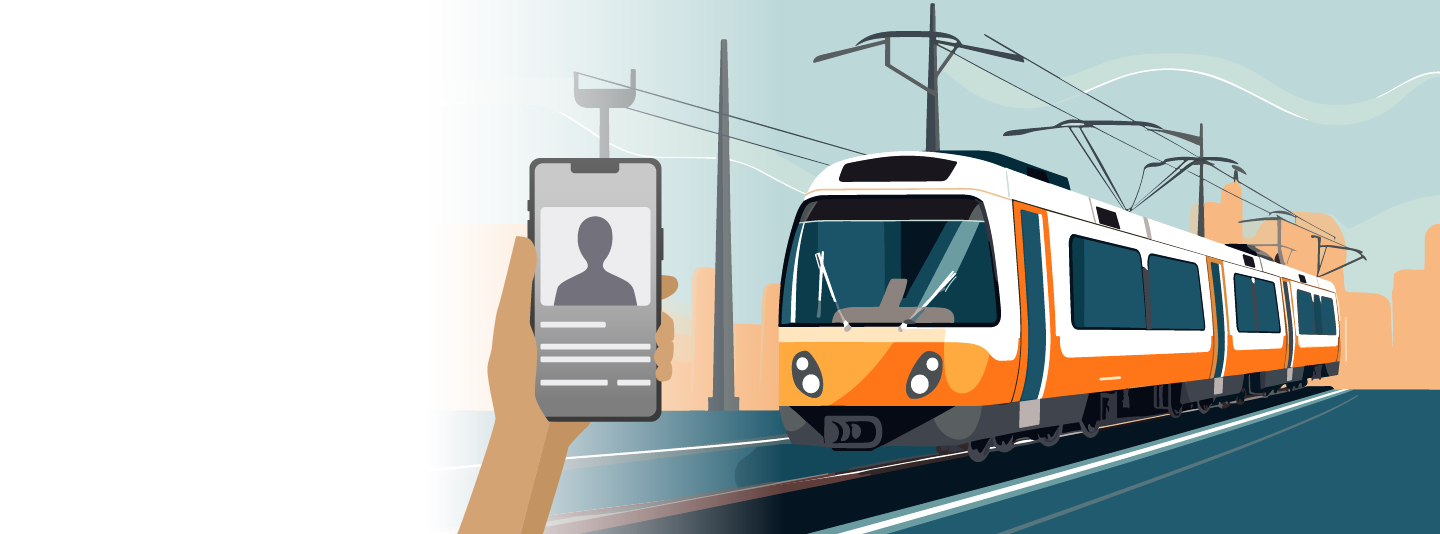 Illustration of a hand holding ID badge near a light rail train